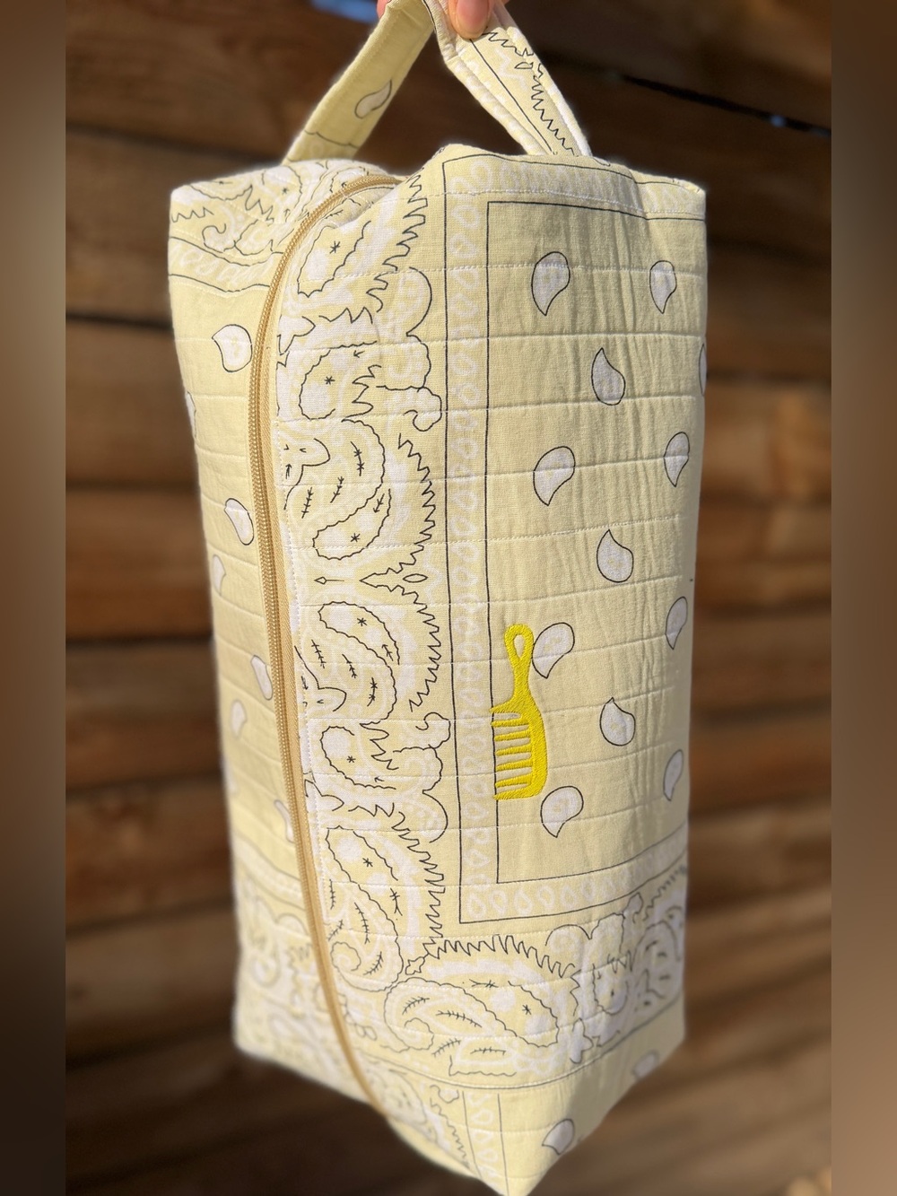 Handmade Quilted Butter Yellow Bandana Hair Tools Large Bag